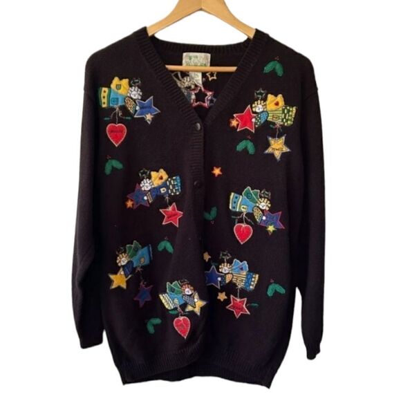 Quacker Factory Cardigan Womens Size Medium Black Knit Sweater Angels Miracles - Picture 1 of 8